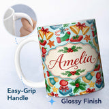 Personalized Custom Name Bright Christmas Gift Bell Apple Festive Seamless Pattern Lovely 11oz Ceramic Coffee Tea Mug White Large Handle