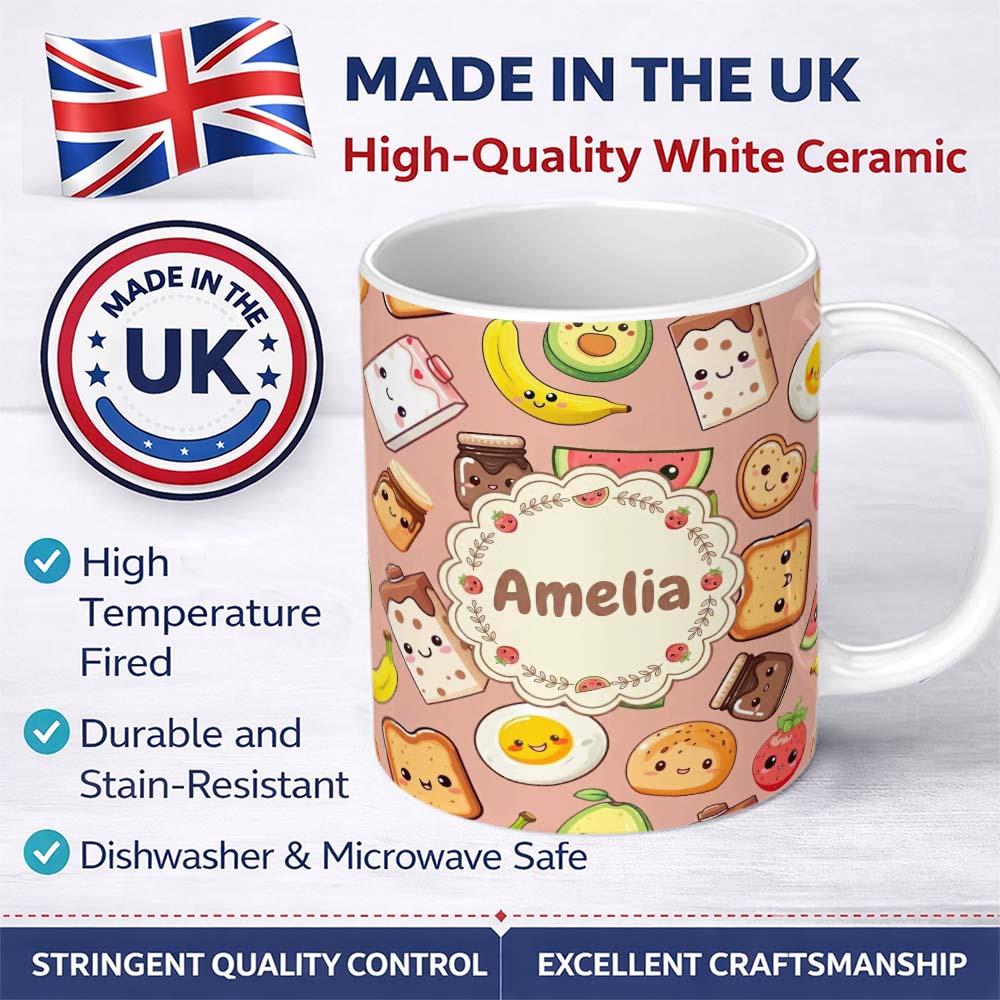 Personalized Custom Name Cute Kawaii Breakfast Food Seamless Pattern Beige Background Fun 11oz Ceramic Coffee Tea Mug White Large Handle