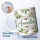 Personalized Custom Name Green Leaves Red Berry Botanical Elegant Seamless Pattern Lovely 11oz Ceramic Coffee Tea Mug White Large Handle