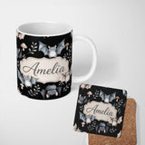 Personalized Custom Name Cute Halloween Bats Flying Stars Night Sky Seamless Pattern Name 11oz Ceramic Coffee Tea Mug White Large Handle