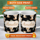 Personalized Custom Name Adorable Baby Jungle Animals with Leaves on Black Background Lovely 11oz Ceramic Coffee Tea Mug White Large Handle