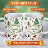 Personalized Custom Name Watercolor Christmas Tree Bell Santa Hat Holiday Seamless Pattern 11oz Ceramic Coffee Tea Mug White Large Handle