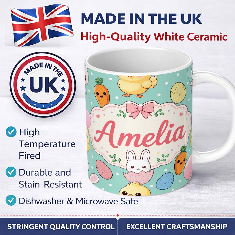 Personalized Custom Name Cute Easter Bunny Chick Carrots Eggs Polka Dot Seamless Pattern Mint 11oz Ceramic Coffee Tea Mug White Large Handle
