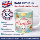 Personalized Custom Name Cute Easter Bunny Chick Carrots Eggs Polka Dot Seamless Pattern Mint 11oz Ceramic Coffee Tea Mug White Large Handle
