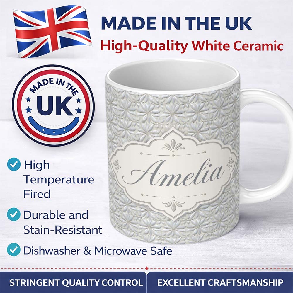 Personalized Custom Name Soft Neutral Floral Tile in Cream and Grey Embossed Style Design 11oz Ceramic Coffee Tea Mug White Large Handle