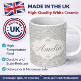 Personalized Custom Name Soft Neutral Floral Tile in Cream and Grey Embossed Style Design 11oz Ceramic Coffee Tea Mug White Large Handle