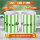 Personalized Custom Name Simple Green And White Vertical Stripe Seamless Pattern Minimal 11oz Ceramic Coffee Tea Mug White Large Handle