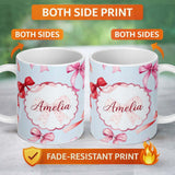 Personalized Custom Name Watercolor Red and Pink Ribbon Bows Soft Blue Background Cute Girly 11oz Ceramic Coffee Tea Mug White Large Handle