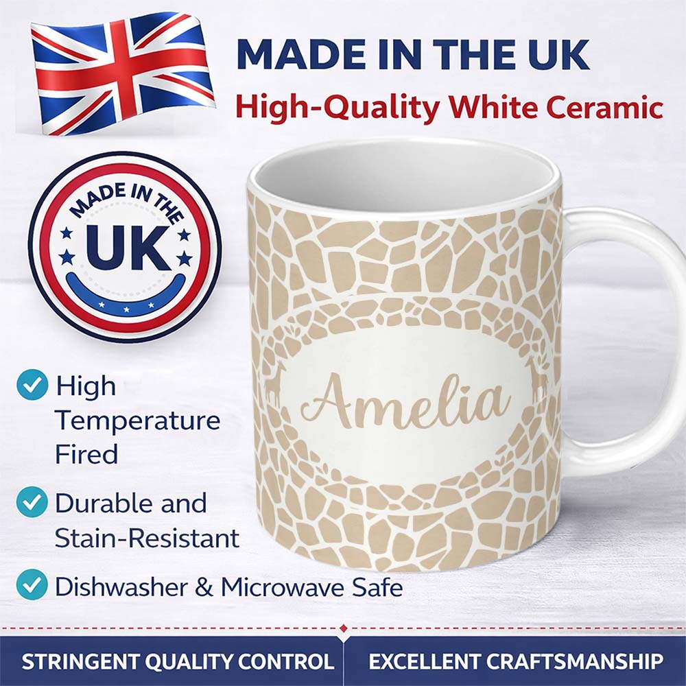 Personalized Custom Name Abstract Giraffe Print Pattern in Soft Beige and White Organic 11oz Ceramic Coffee Tea Mug White Large Handle