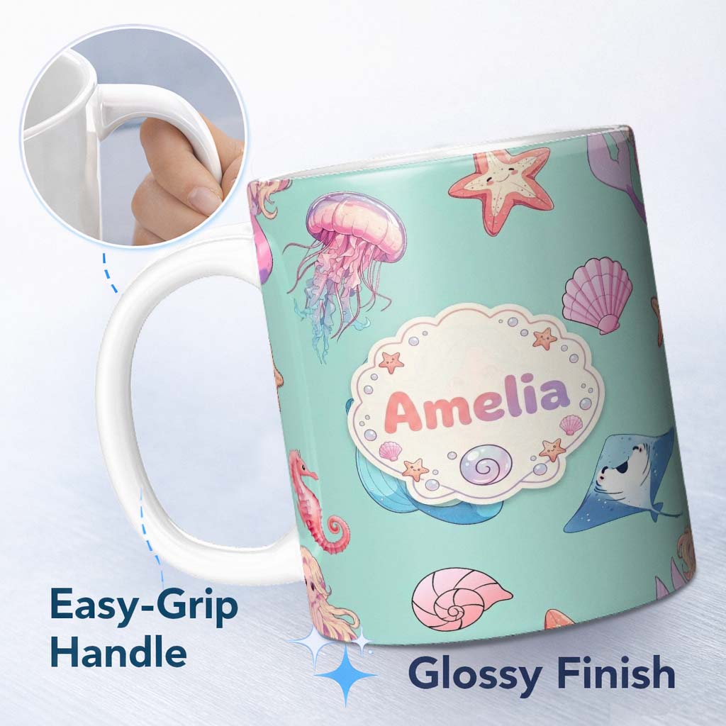 Personalized Custom Name Mermaid Ocean Friends Jellyfish Starfish Mint Green Background 11oz Ceramic Coffee Tea Mug White Large Handle