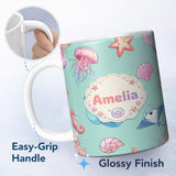 Personalized Custom Name Mermaid Ocean Friends Jellyfish Starfish Mint Green Background 11oz Ceramic Coffee Tea Mug White Large Handle