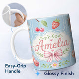 Personalized Custom Name Cute Strawberry Cherry Ribbon Bow Sweet Dessert Pattern Dusty Blue 11oz Ceramic Coffee Tea Mug White Large Handle