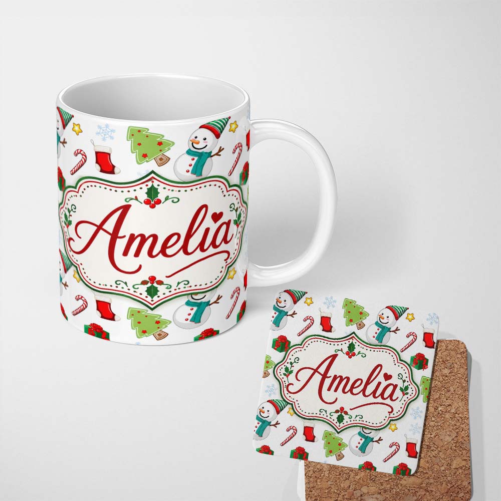 Personalized Custom Name Cute Snowman Candy Cane Gift Tree Seamless Pattern Festive Winter 11oz Ceramic Coffee Tea Mug White Large Handle