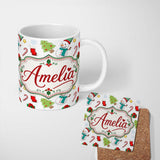 Personalized Custom Name Cute Snowman Candy Cane Gift Tree Seamless Pattern Festive Winter 11oz Ceramic Coffee Tea Mug White Large Handle