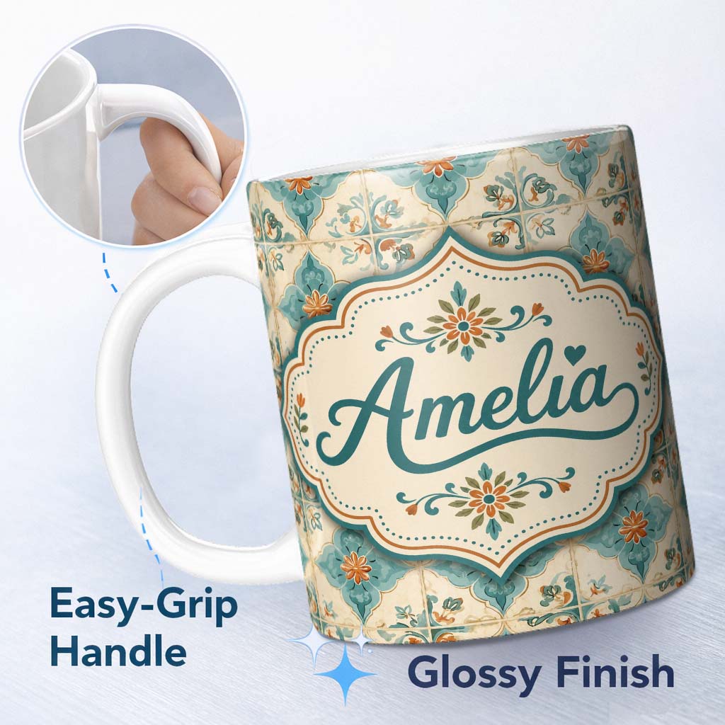 Personalized Custom Name Soft Aqua Blue Vintage Tile Pattern with Orange Floral Centres 11oz Ceramic Coffee Tea Mug White Large Handle
