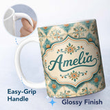 Personalized Custom Name Soft Aqua Blue Vintage Tile Pattern with Orange Floral Centres 11oz Ceramic Coffee Tea Mug White Large Handle