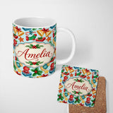 Personalized Custom Name Bright Christmas Gift Bell Apple Festive Seamless Pattern Lovely 11oz Ceramic Coffee Tea Mug White Large Handle