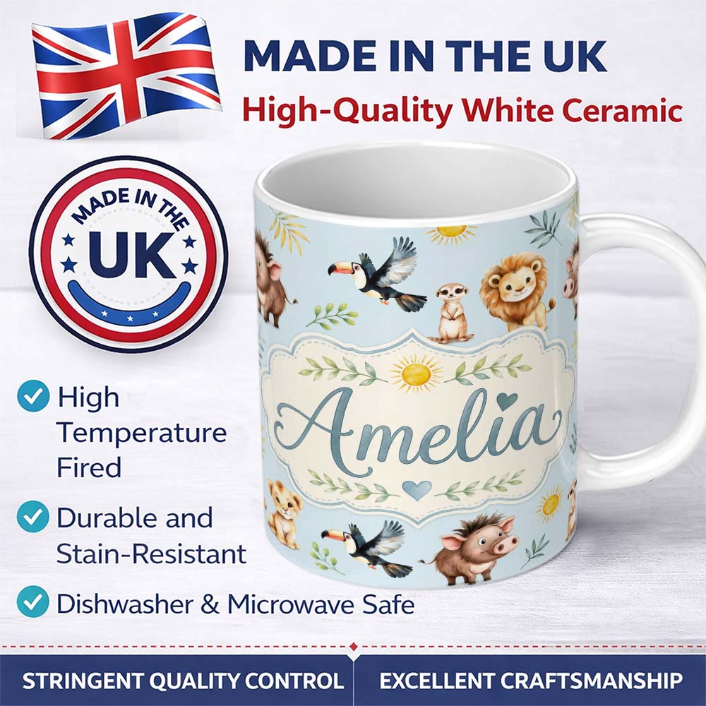 Personalized Custom Name Jungle Animals Lion Meerkat Toucan Boar on Soft Blue Seamless 11oz Ceramic Coffee Tea Mug White Large Handle