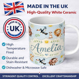 Personalized Custom Name Jungle Animals Lion Meerkat Toucan Boar on Soft Blue Seamless 11oz Ceramic Coffee Tea Mug White Large Handle
