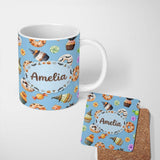 Personalized Custom Name Halloween Donuts Cupcakes Bats Candy and Pumpkins Blue Background 11oz Ceramic Coffee Tea Mug White Large Handle