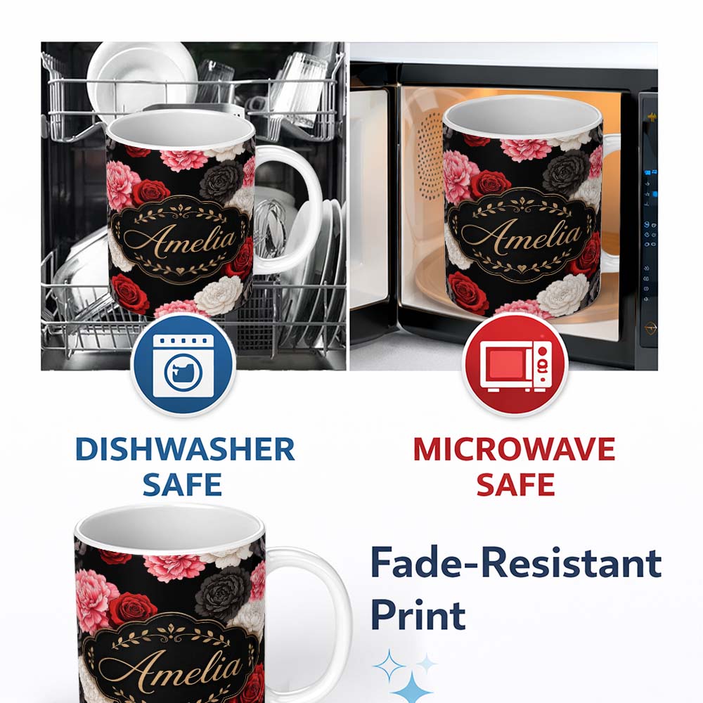 Personalized Custom Name Elegant Rose Floral Seamless Pattern in Red Black and White Lovely 11oz Ceramic Coffee Tea Mug White Large Handle