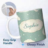 Personalized Custom Name Soft Teal Moon Stars Dreamy Sky Seamless Pattern Cute Unique Gift 11oz Ceramic Coffee Tea Mug White Large Handle
