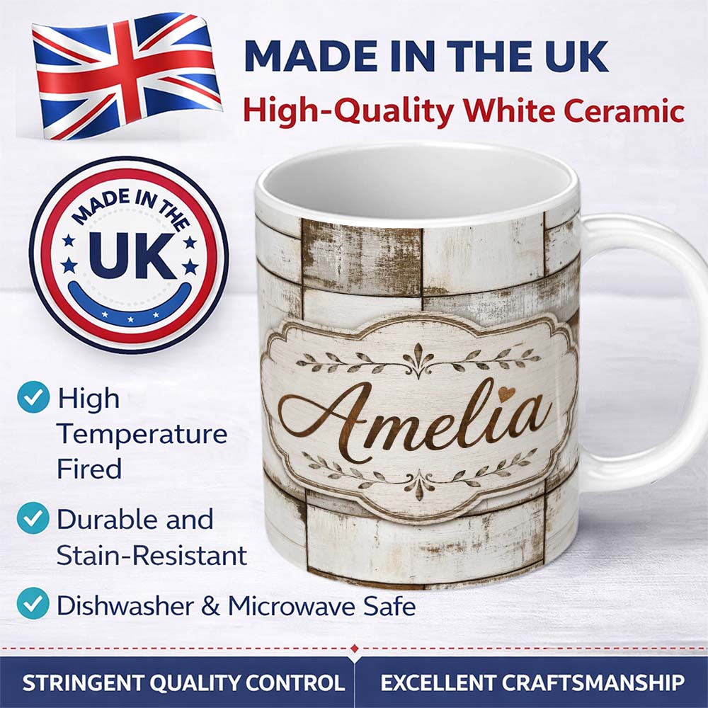 Personalized Custom Name Vintage Whitewashed Wooden Block Tile Texture Seamless Pattern 11oz Ceramic Coffee Tea Mug White Large Handle