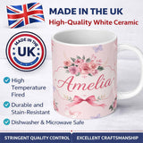 Personalized Custom Name Elegant Watercolor Rose Bouquet Ribbon Butterfly Soft Blush Lovely 11oz Ceramic Coffee Tea Mug White Large Handle