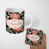 Personalized Custom Name Coral Protea Flowers on Black Background Seamless Botanical Pattern 11oz Ceramic Coffee Tea Mug White Large Handle