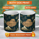 Personalized Custom Name Night Forest Camping Tent Scenic Seamless Pattern Cute Unique Gift 11oz Ceramic Coffee Tea Mug White Large Handle