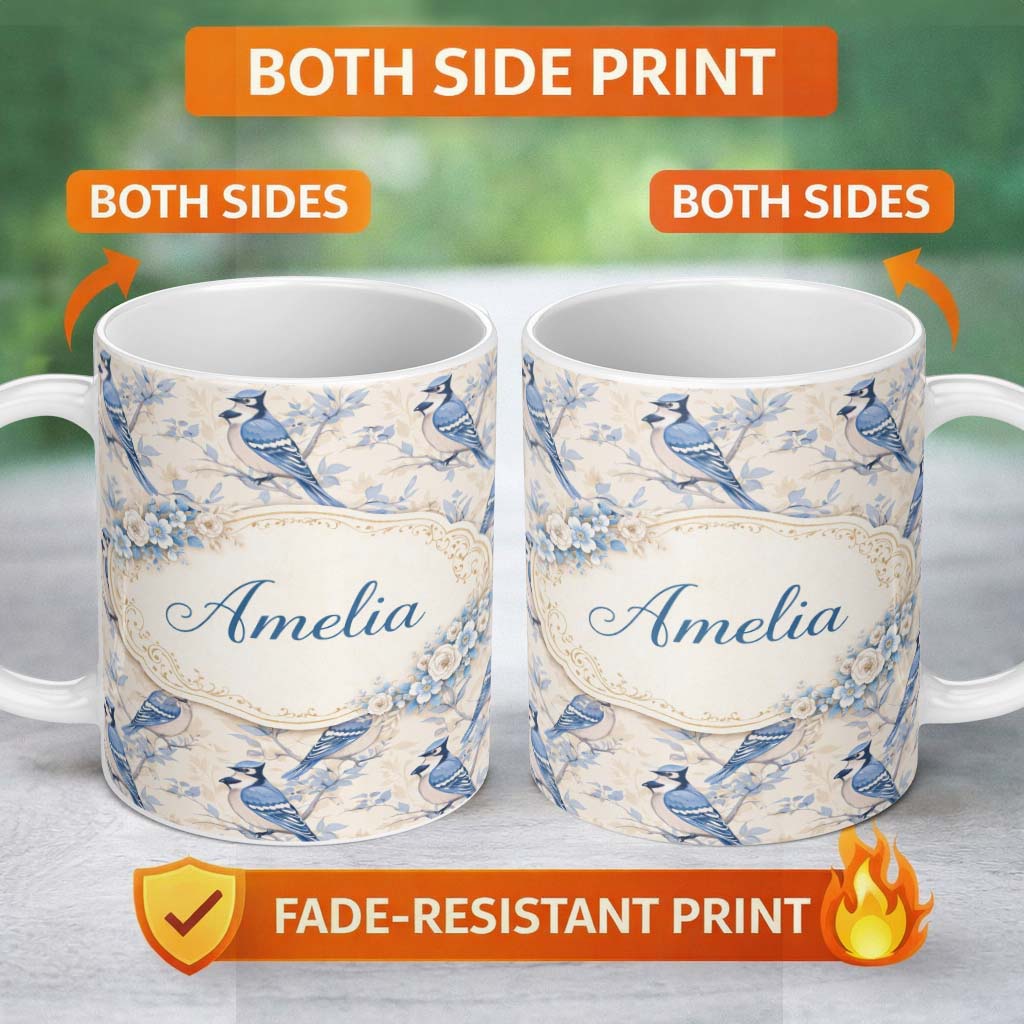Personalized Custom Name Vintage Blue Jay Bird Floral Toile Classic Botanical Nature Design 11oz Ceramic Coffee Tea Mug White Large Handle