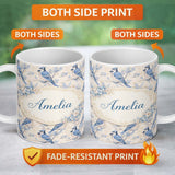 Personalized Custom Name Vintage Blue Jay Bird Floral Toile Classic Botanical Nature Design 11oz Ceramic Coffee Tea Mug White Large Handle