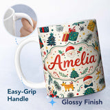 Personalized Custom Name Cute Santa Reindeer Gifts Pine Branch Festive Seamless Pattern 11oz Ceramic Coffee Tea Mug White Large Handle