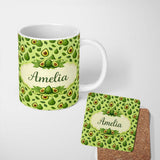 Personalized Custom Name Dark Avocado Leaf Seamless Pattern Black Background Dense Botanical 11oz Ceramic Coffee Tea Mug White Large Handle