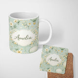 Personalized Custom Name Hot Air Balloon Floral Pattern Green Background Seamless Lovely 11oz Ceramic Coffee Tea Mug White Large Handle