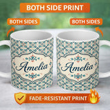 Personalized Custom Name Teal and Red Ornamental Tile Pattern with Symmetrical Vintage Floral 11oz Ceramic Coffee Tea Mug White Large Handle