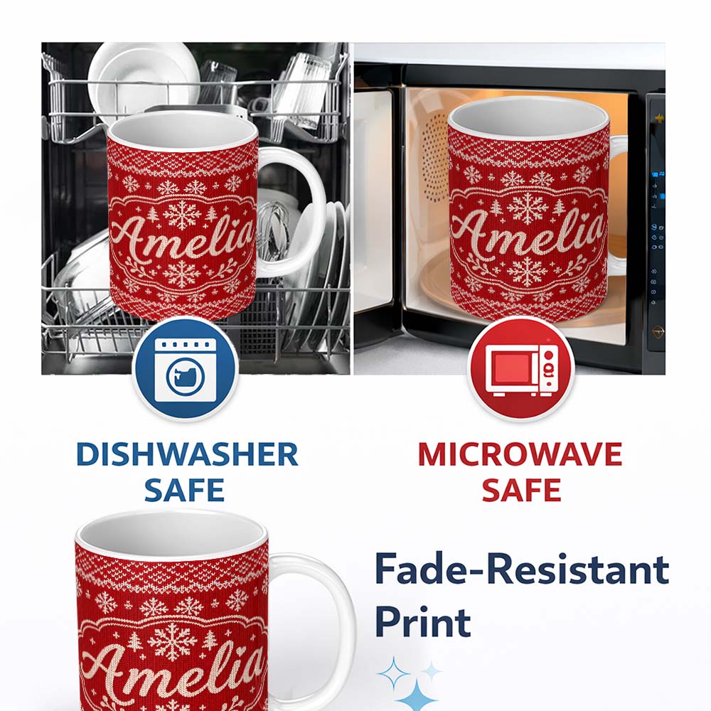 Personalized Custom Name Red Knitted Heart Pattern Christmas Seamless Charming Kitchen Decor 11oz Ceramic Coffee Tea Mug White Large Handle