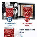 Personalized Custom Name Red Knitted Heart Pattern Christmas Seamless Charming Kitchen Decor 11oz Ceramic Coffee Tea Mug White Large Handle