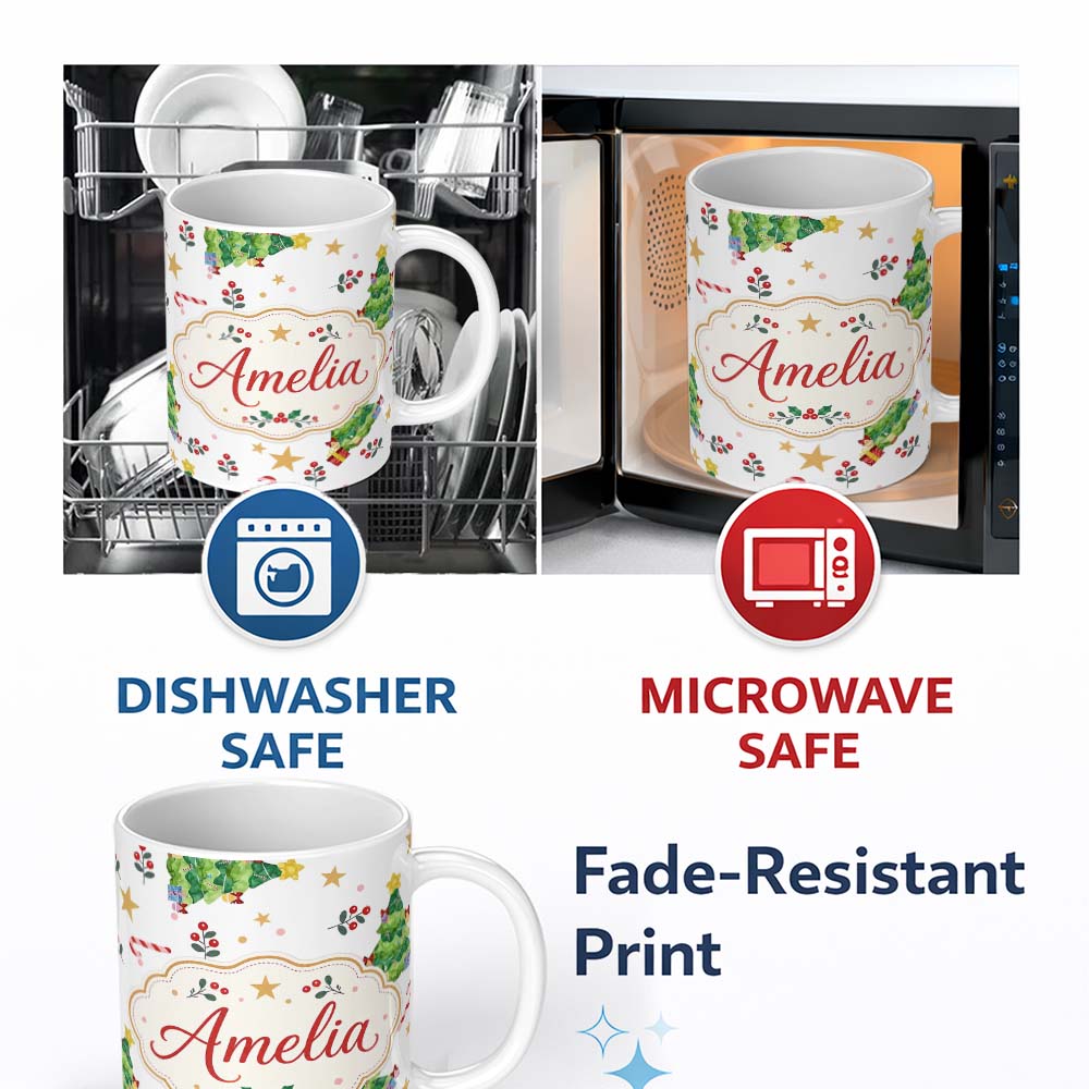 Personalized Custom Name Cute Christmas Tree Candy Cane Stars Gift Seamless Pattern Lovely 11oz Ceramic Coffee Tea Mug White Large Handle