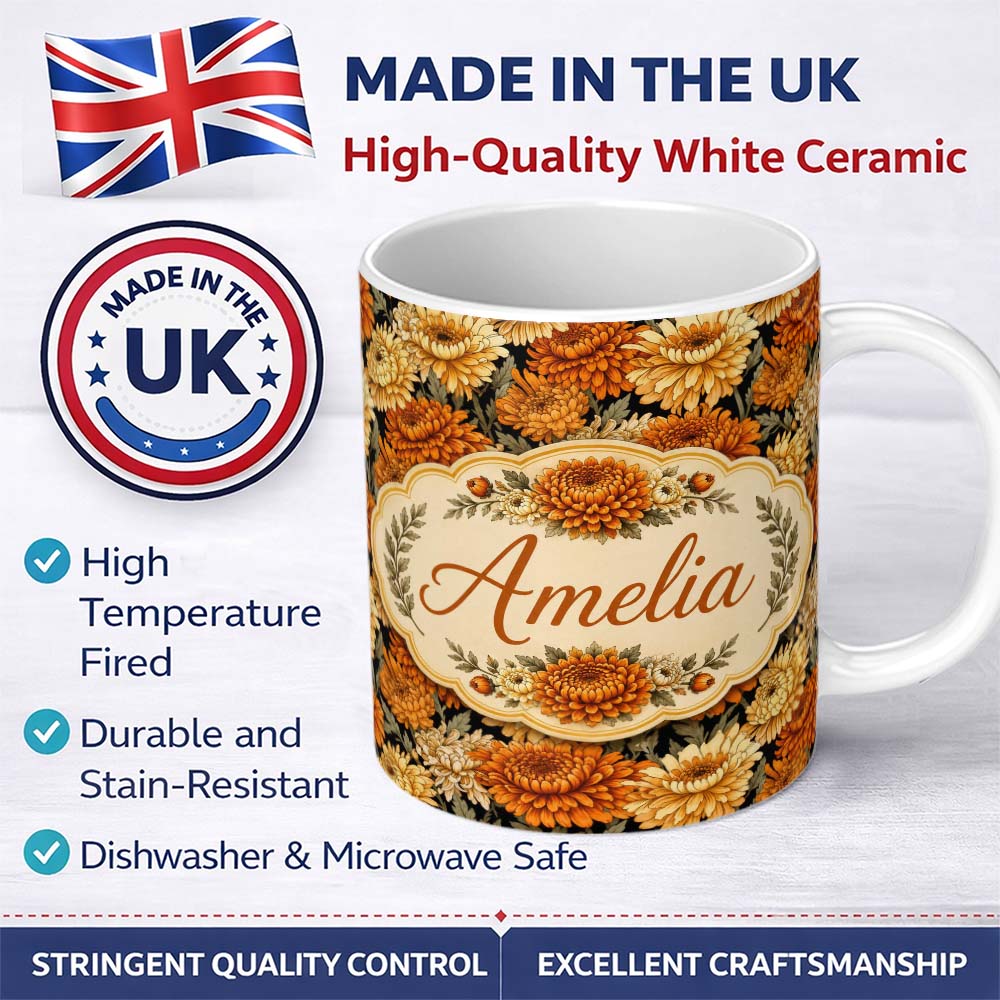Personalized Custom Name Orange and Cream Chrysanthemum Floral Seamless Pattern on Black 11oz Ceramic Coffee Tea Mug White Large Handle
