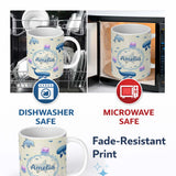Personalized Custom Name Cute Dolphin Shark and Jellyfish Ocean Animals Neutral Beige Lovely 11oz Ceramic Coffee Tea Mug White Large Handle