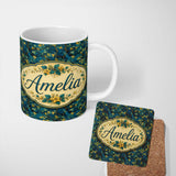 Personalized Custom Name Deep Blue Background with Yellow Leaves and Flowing Branches Lovely 11oz Ceramic Coffee Tea Mug White Large Handle