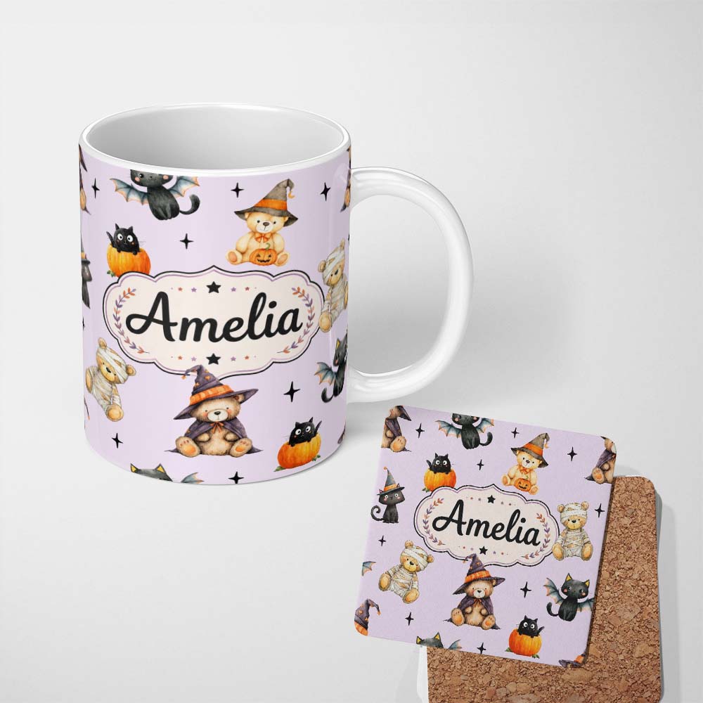 Personalized Custom Name Cute Halloween Teddy Bears Mummy Witch Cat Pumpkin Stars Purple 11oz Ceramic Coffee Tea Mug White Large Handle