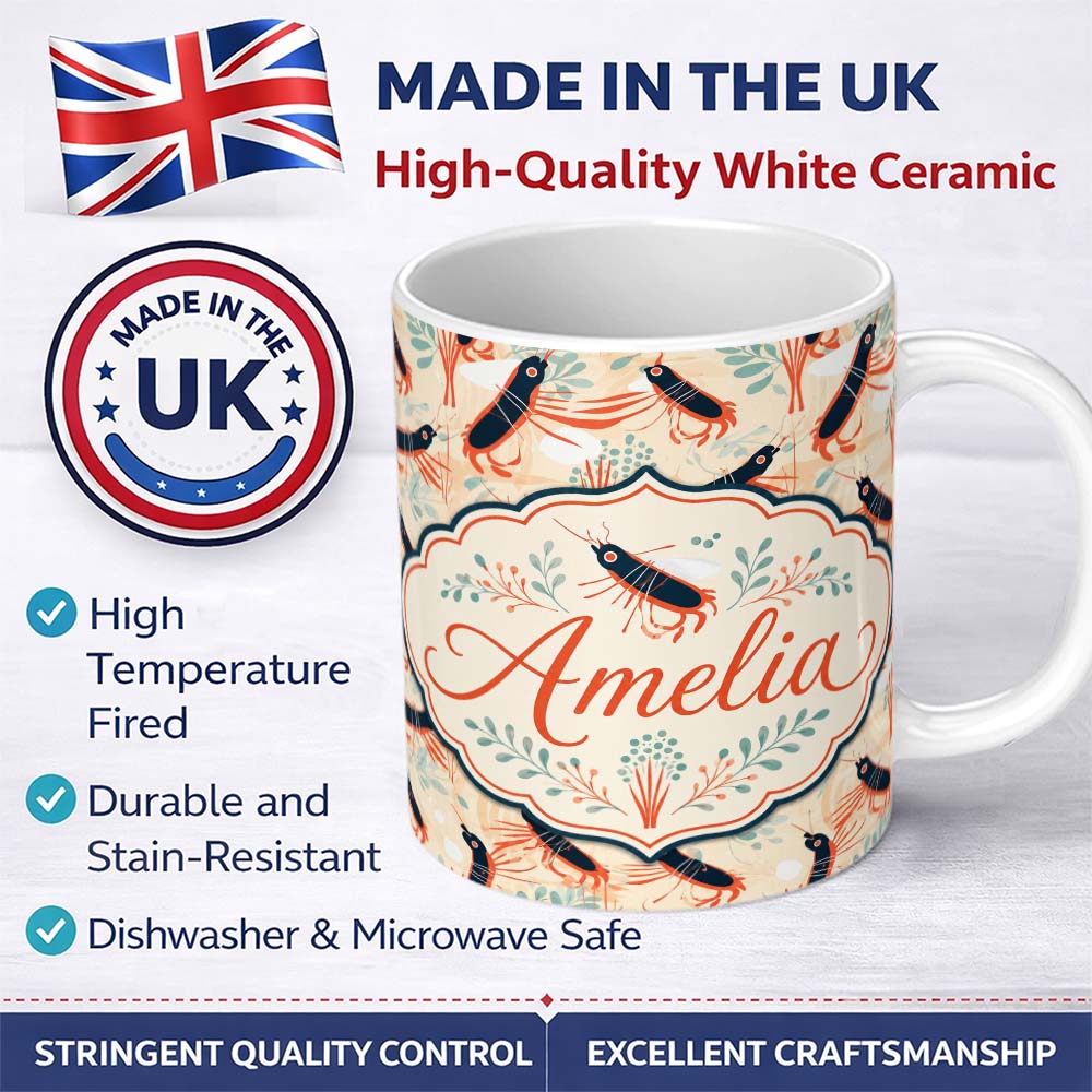 Personalized Custom Name Stylised Lobster Pattern with Aquatic Elements Seamless Pattern 11oz Ceramic Coffee Tea Mug White Large Handle
