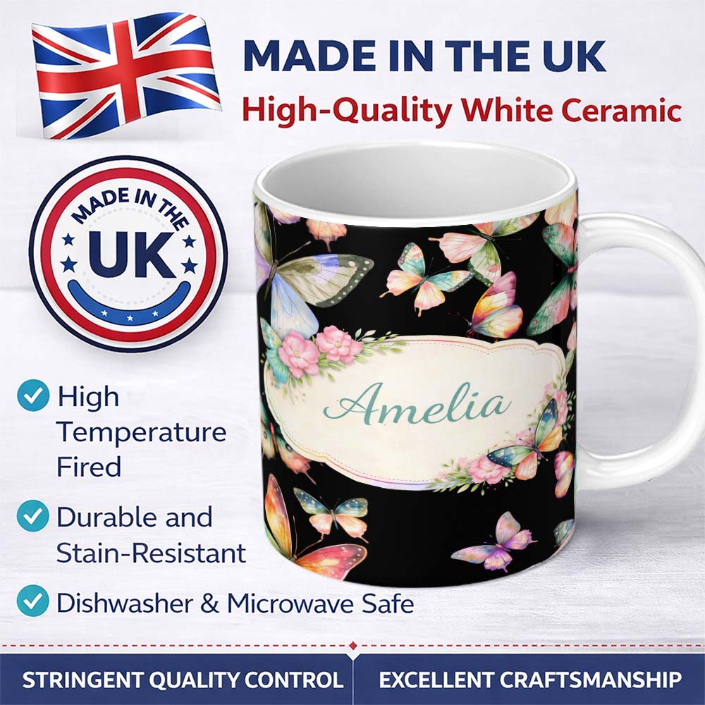 Personalized Custom Name Soft Multicolor Watercolor Butterflies Dark Background Seamless 11oz Ceramic Coffee Tea Mug White Large Handle