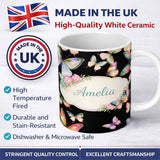 Personalized Custom Name Soft Multicolor Watercolor Butterflies Dark Background Seamless 11oz Ceramic Coffee Tea Mug White Large Handle