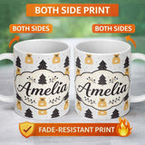 Personalized Custom Name Black Christmas Trees and Gift Bags Seamless Pattern Modern Holiday 11oz Ceramic Coffee Tea Mug White Large Handle