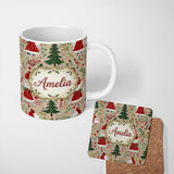 Personalized Custom Name Cute Christmas Gnome Santa Tree Holiday Festive Seamless Pattern 11oz Ceramic Coffee Tea Mug White Large Handle