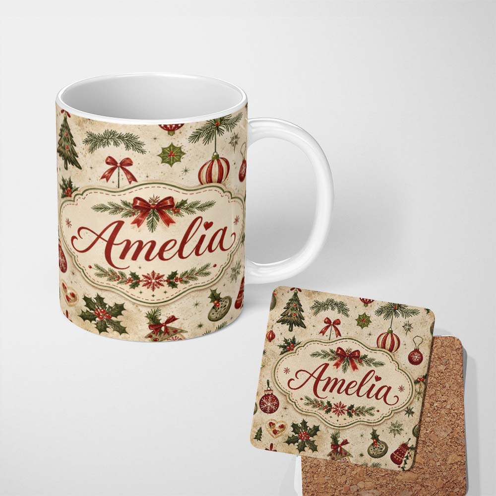 Personalized Custom Name Minimal Christmas Ornaments Pine Branches and Bows Seamless Pattern 11oz Ceramic Coffee Tea Mug White Large Handle
