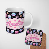Personalized Custom Name Kawaii Jellyfish Starfish and Cute Sea Creatures Black Background 11oz Ceramic Coffee Tea Mug White Large Handle
